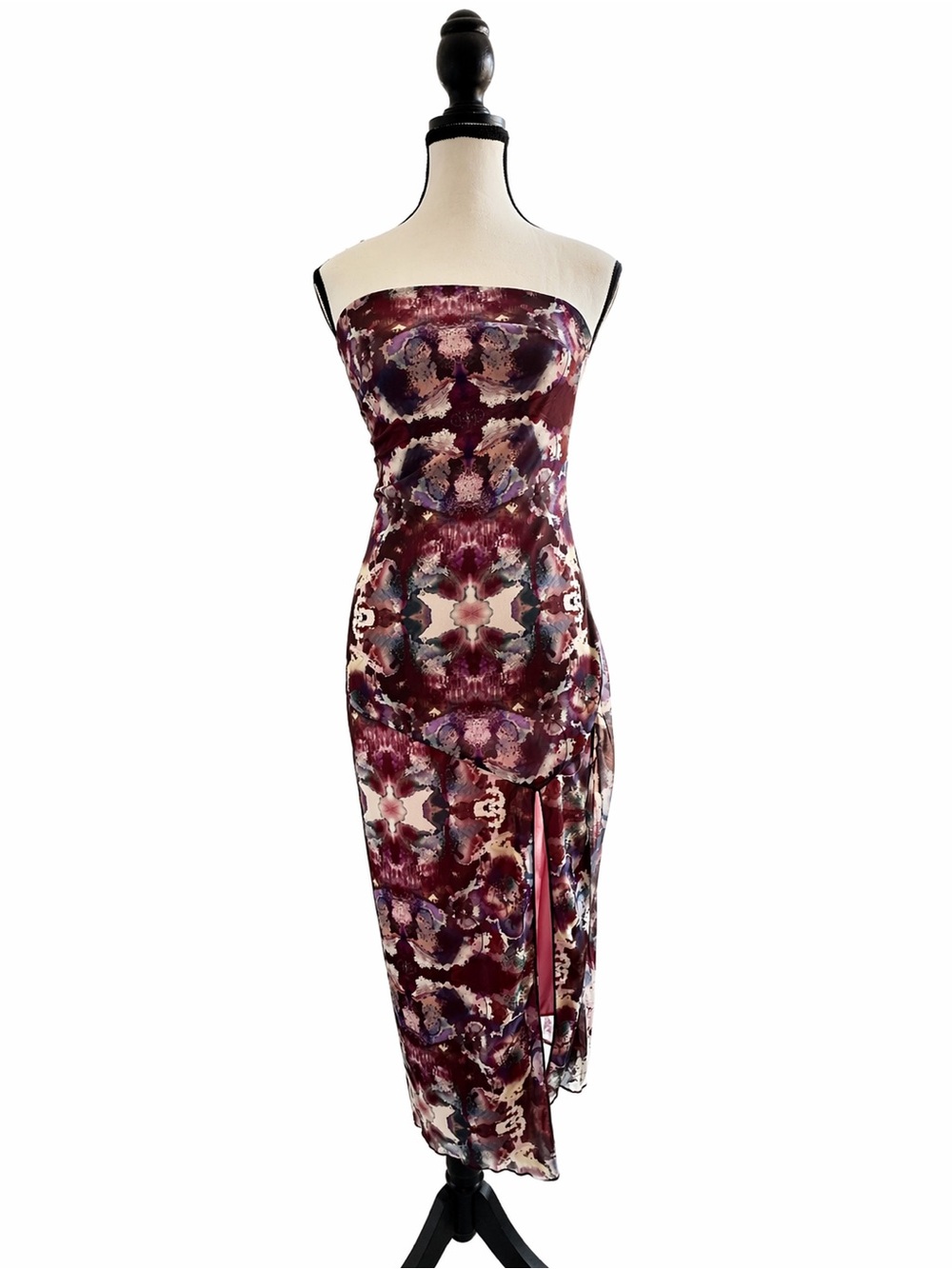 Windsor Strapless Burgundy Floral Midi Dress with Side Slit